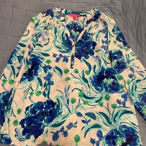 Lilly Pulitzer Blue and Green on Light Pink Floral Blouse